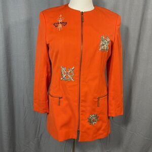 80s Vintage Mondi Vibrant Orange Wool Gold Embroidered Zip Jacket‎ 8 READ